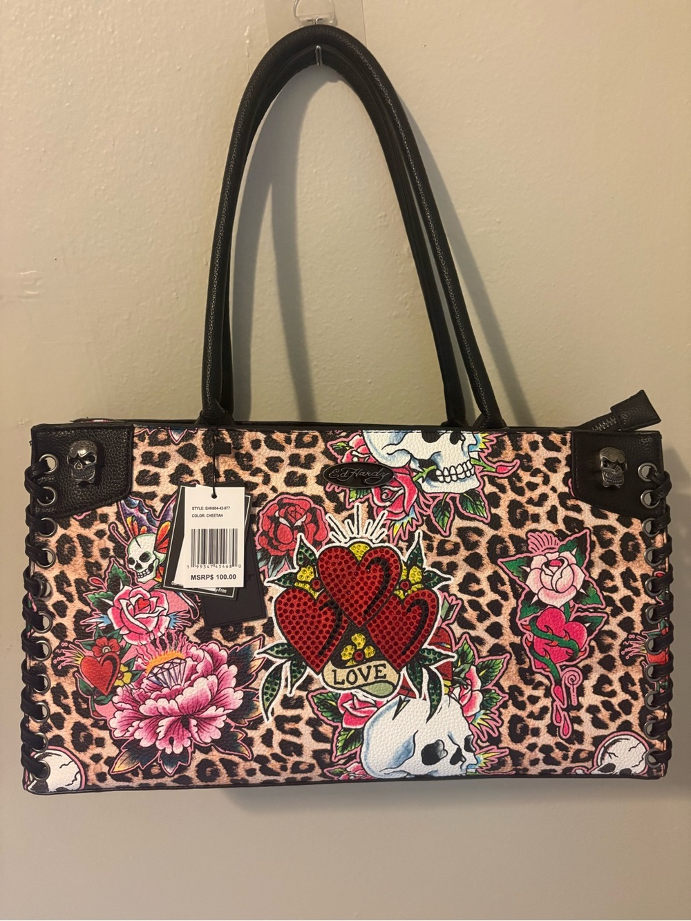 NWT Ed Hardy Leopard Print Tote Bag Skull Rose Three Hearts Love Tattoo Cheetah